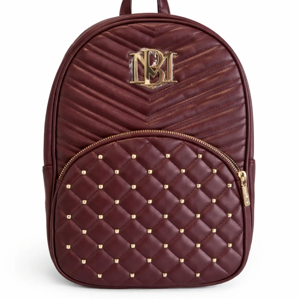 NWT Badgley Mischka Quilted Burgundy Backpack Gold Studded Faux Leather